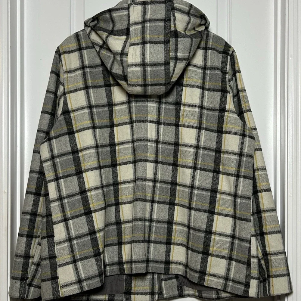 Old Navy Wool Blend Gray White Yellow Plaid Print Hooded Toggle Button Jacket